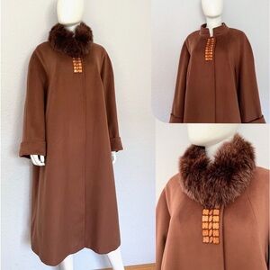 NWT WOMEN PLUS SIZE LONG COAT REAL RACCOON FUR COLLAR OVERSIZED CASHMERE BLEND‎